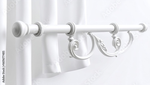 White Curtain Rod with Decorative Brackets and Swirl Finial on a Clear Background
