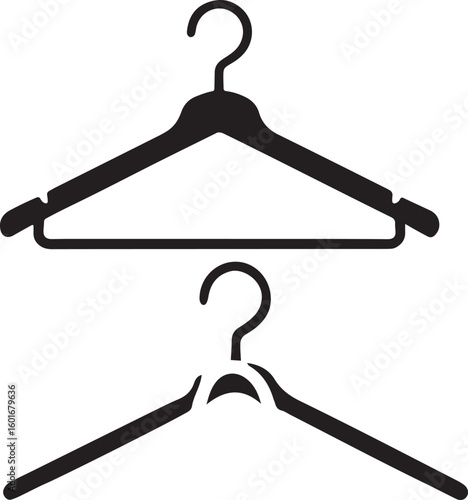 Two black silhouette clothes hangers displayed against a white background