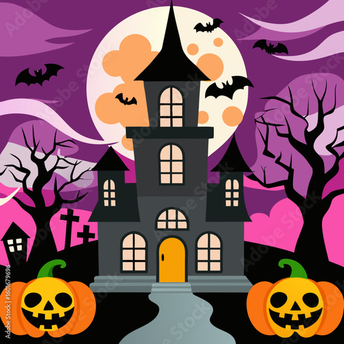 Vector art of a spooky haunted house under a full moon on halloween night