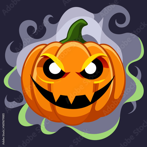 Vector art of an eerie jackolantern grins wickedly amidst a cloud of spectral smoke