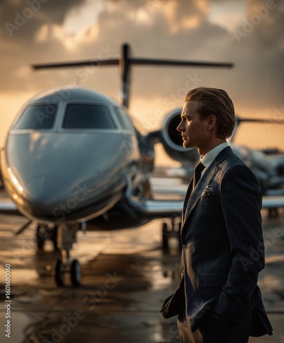 A person in a suit stands confidently in front of a private jet at sunset. The scene conveys success, ambition, and the allure of luxury travel.