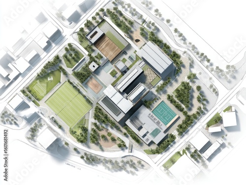 Aerial view of a sprawling campus with various buildings, athletic fields, and landscaping, set within a surrounding urban environment