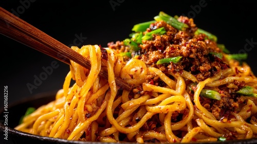 Sichuan dan dan noodles, captured with a close-up of the tangled wheat noodles coated in chili oil, topped with minced pork.