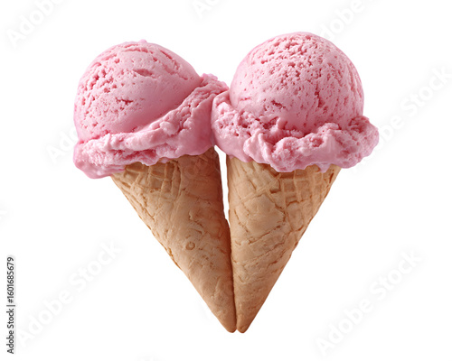 Strawberry ice cream scoop in cone isolated on white background