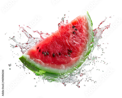 Watermelon slice floating in water on white background