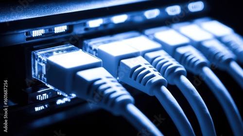 Network cables plugged into server, data center, glowing lights, fast internet connection