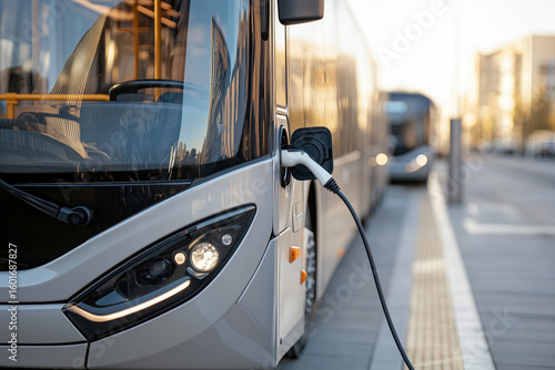 Modern electric bus charging at a public station in an urban environment, representing sustainable public transportation and green energy innovation