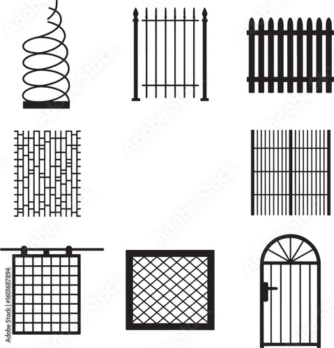 Collection of various fence and gate designs in black and white illustration