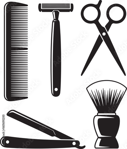 Vintage barber tools including comb razor scissors shaving brush and straight razor
