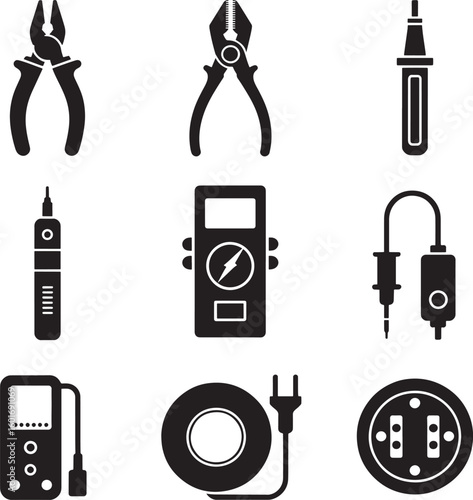 Collection of electrical tools and equipment icons for professional use
