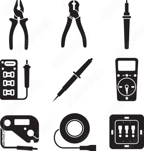 Collection of electrical tools including pliers meters and soldering iron