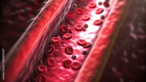 Blocked blood vessel causing poor artery circulation concept. Close-up view of red blood cells flowing through blood vessels.