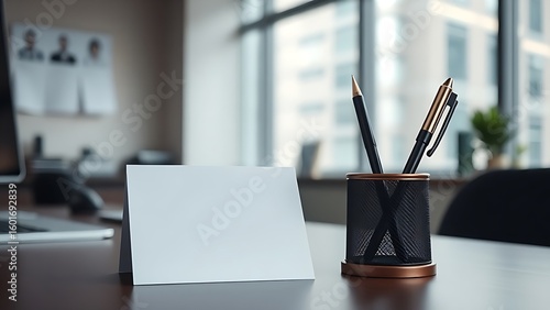 Minimalist office desk with a blank notecard and pen holder, featuring soft overhead lighting.