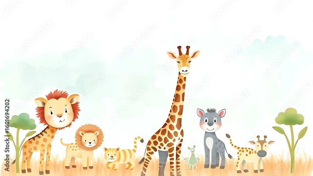 Obraz premium Soft pastel-toned watercolor safari animals in a gentle nursery wall art style.