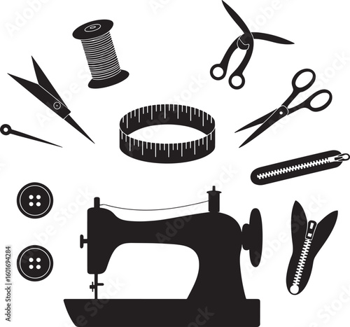 Silhouette of sewing machine and essential crafting tools arranged artistically