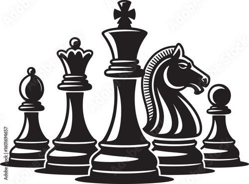 Iconic black chess pieces arranged together on a white background