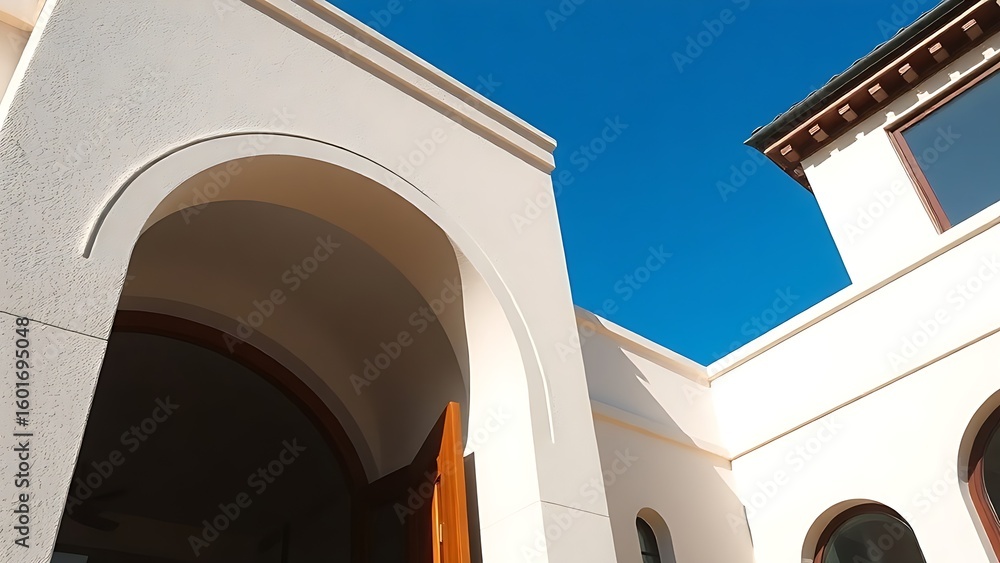 Fototapeta premium An elegant arched doorway of a luxurious home, framed by a clear blue sky and natural daylight.