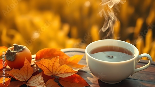 Steaming roasted green tea beside persimmon leaf arrangement, with golden rice fields in serene harmony.