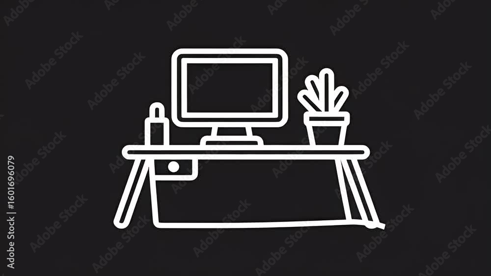 Animated white stroke pictogram tidy modern writing desk complete swivel chair laptop loops cleanly alpha chroma so editors can drop high definition office workspace symbol any scene when Animated white stroke pictogram tidy modern writing desk complete swivel chair laptop loops cleanly alpha chroma so editors can drop high definition office workspace symbol any scene when