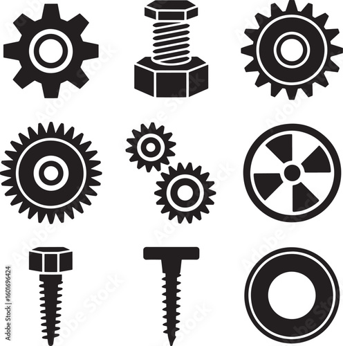 Collection of industrial gears bolts screws and mechanical components icons