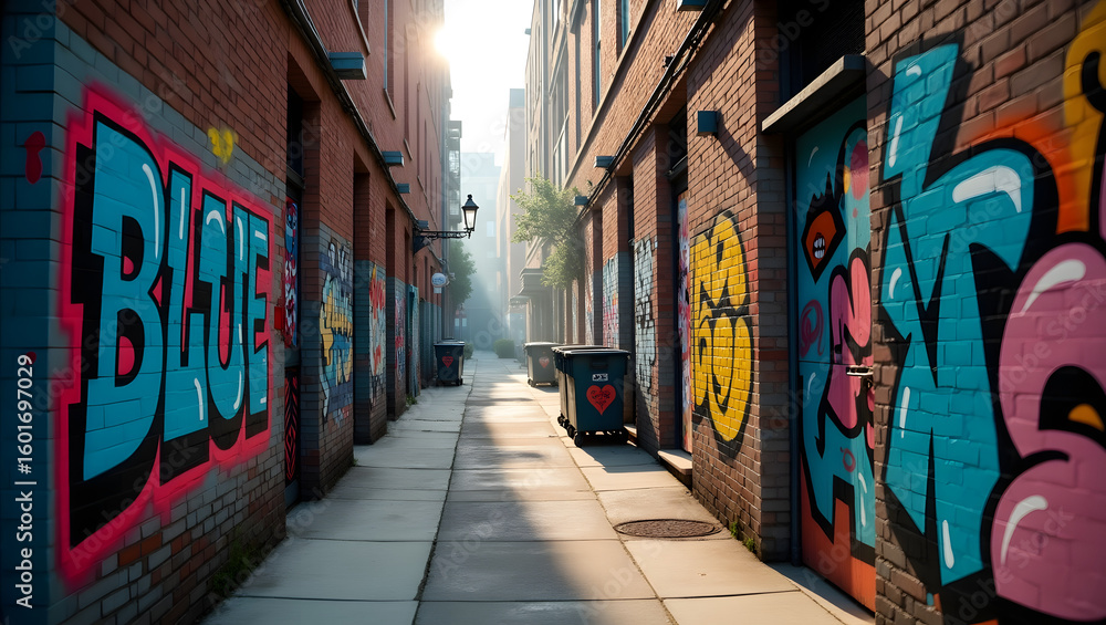 Fototapeta premium Urban alleyway with graffiti walls and soft shadows