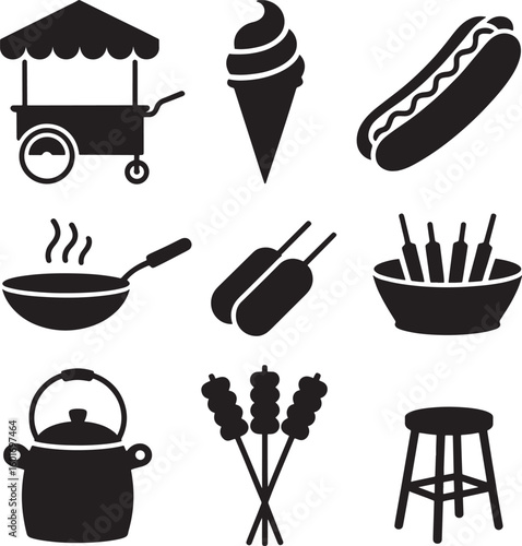 Collection of silhouetted food and cooking icons for street food vendors