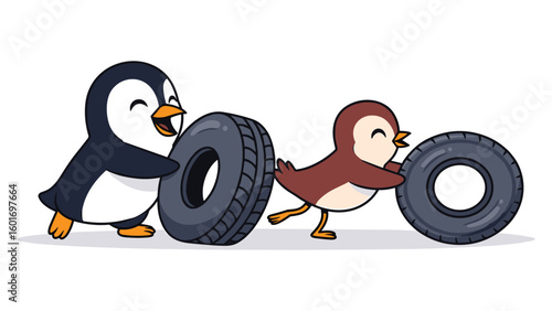 Cartoon penguin and sparrow rolling car tires, vector illustration, isolated animal characters