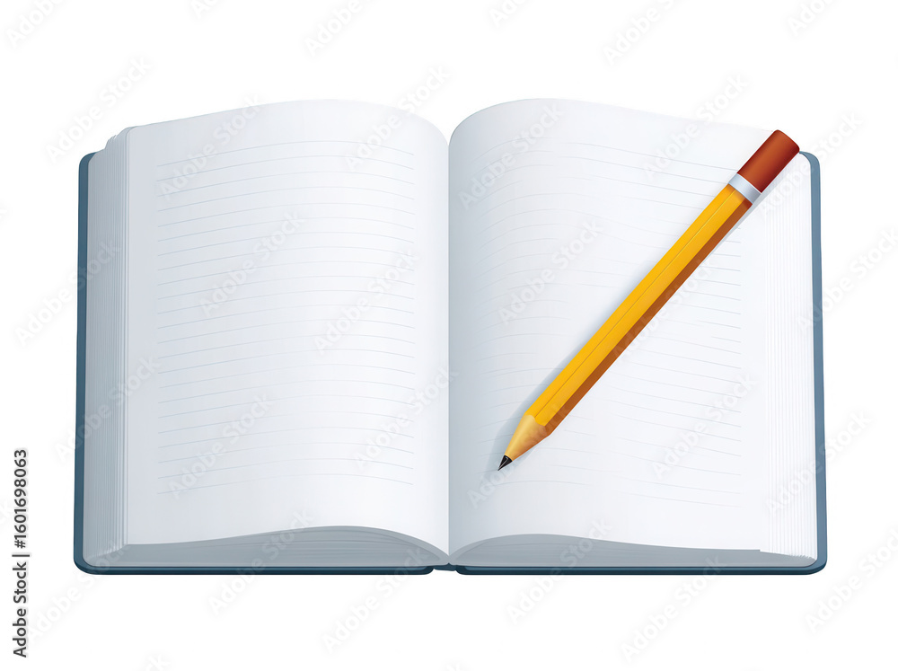 Cartoon open notebook with pencil on a white background, png, transparent Cartoon open notebook with pencil on a white background, png, transparent