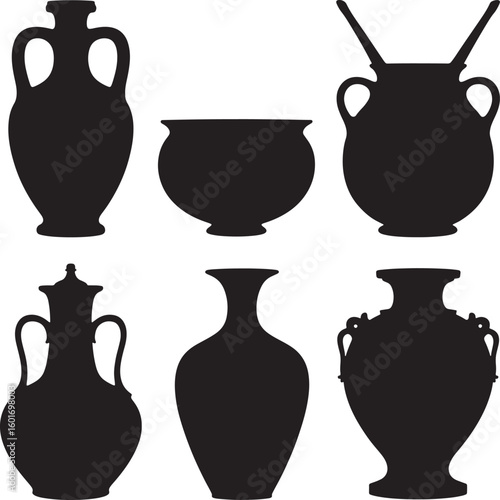 Silhouettes of six ancient greek pottery vessels on a white background