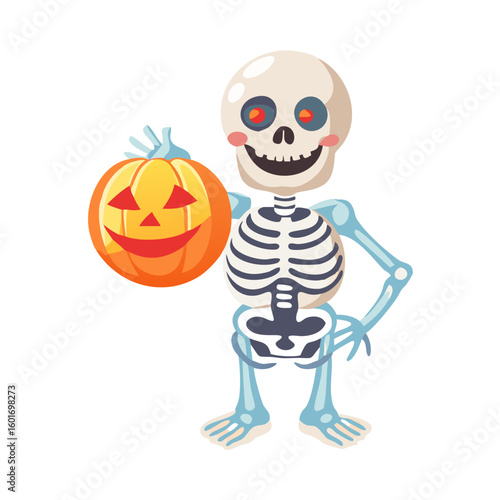 Vector art of a cheerful cartoon skeleton holding a jackolantern isolated on white background