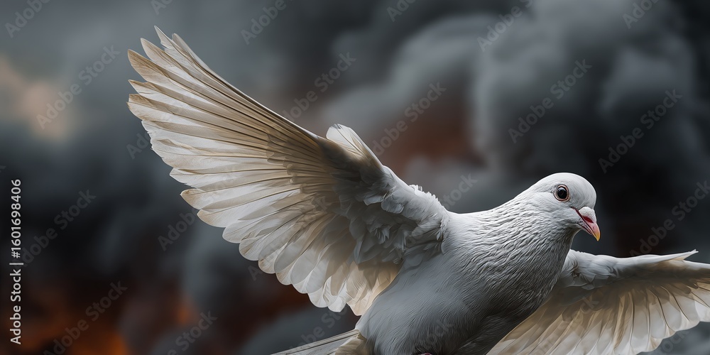 Obraz premium A white dove flies gracefully against a backdrop of dark, billowing smoke. The contrast between the dove and the smoke evokes themes of peace and turmoil.