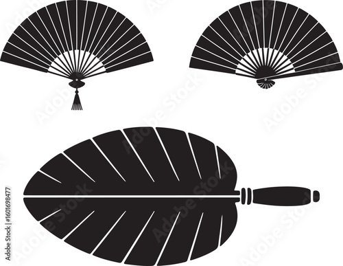 Three black and white silhouettes of traditional fans and a leaf shape