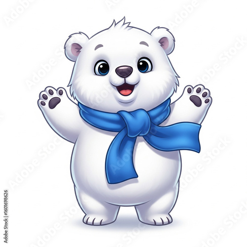 Chubby cartoon polar bear cub waving happily, wearing a blue scarf, isolated on white