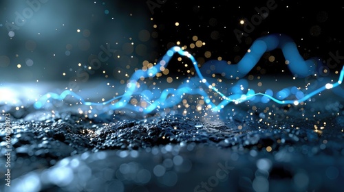 Abstract light wave of particles, flowing energy strands and glowing trails, futuristic backdrop, 3D rendering