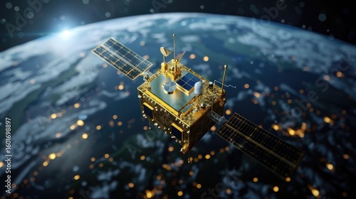 3D rendering of gold-toned satellite in orbit, futuristic aerospace communication theme