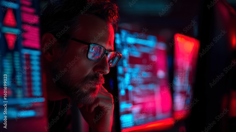 Man with Glasses Looking at Screen in Red Light Man with Glasses Looking at Screen in Red Light