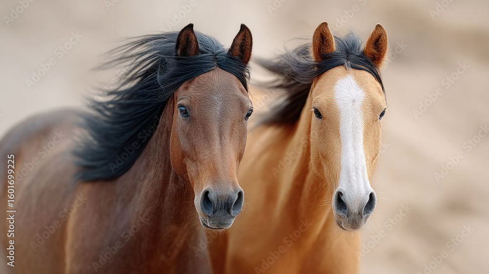 Obraz premium Horses racing neck and neck in intense beach scene