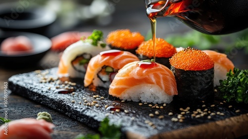 Soy sauce drizzled on sushi platter, restaurant setting, wooden background, food photography