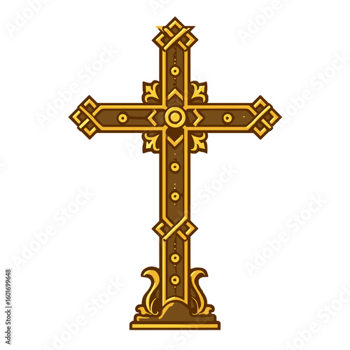 Decorative Christian cross icon in golden brown vector style, faith and religious celebration concept