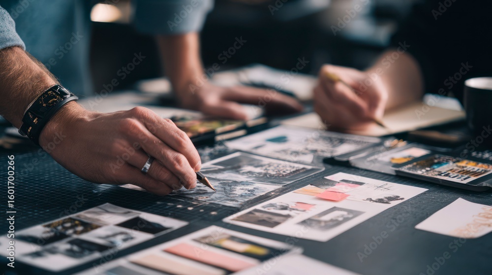 Fototapeta premium Person Analyzing Photos with Pencil