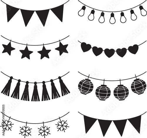 Hand drawn festive garlands featuring stars hearts lights snowflakes and tassels