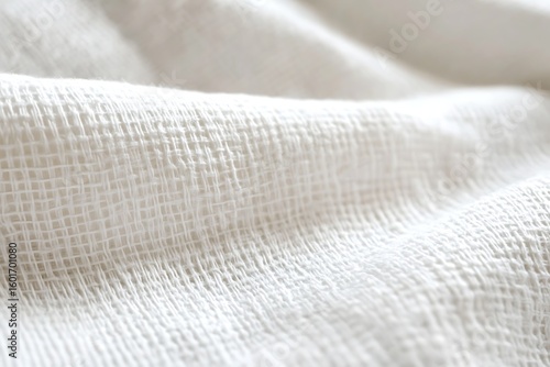 White gauze fabric texture close-up creating soft folds and shadows for backgrounds and designs