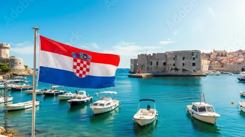 Croatian Coastline: Flag, Boats, and Ancient Walls