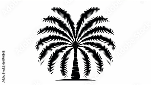 Minimalist black and white silhouette of a single palm tree on a clean white background