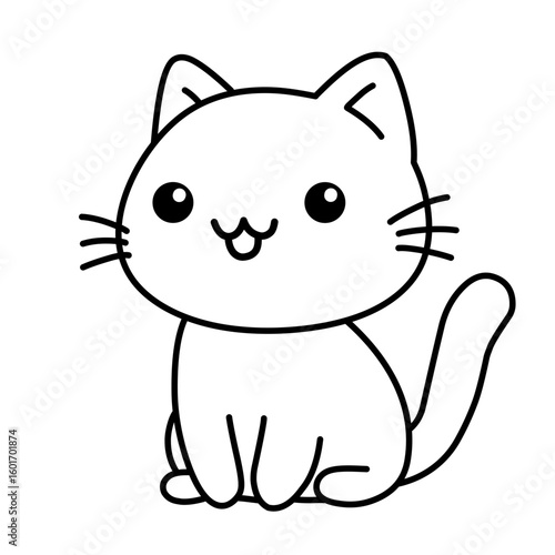 Vector illustration of a cartoon sketch of a smiling sitting cat, cat icon, cat sticker and nice as logo.