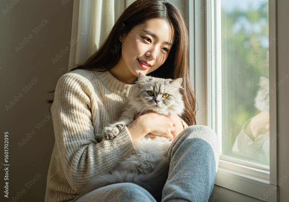 Peaceful Moments with a Furry Friend. Cuddling with Cat on International Cat Day Peaceful Moments with a Furry Friend. Cuddling with Cat on International Cat Day