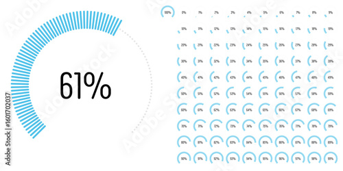 Set of circular sector arc percentage diagrams meters progress bar from 0 to 100 ready-to-use for web design, user interface UI or infographic - indicator with blue
