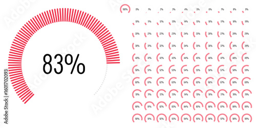 Set of circular sector arc percentage diagrams meters progress bar from 0 to 100 ready-to-use for web design, user interface UI or infographic - indicator with red