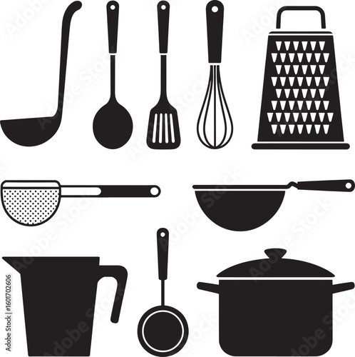 Collection of essential kitchen utensils and cookware silhouettes for cooking