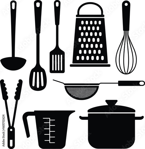 Collection of black silhouette kitchen utensils and cooking tools